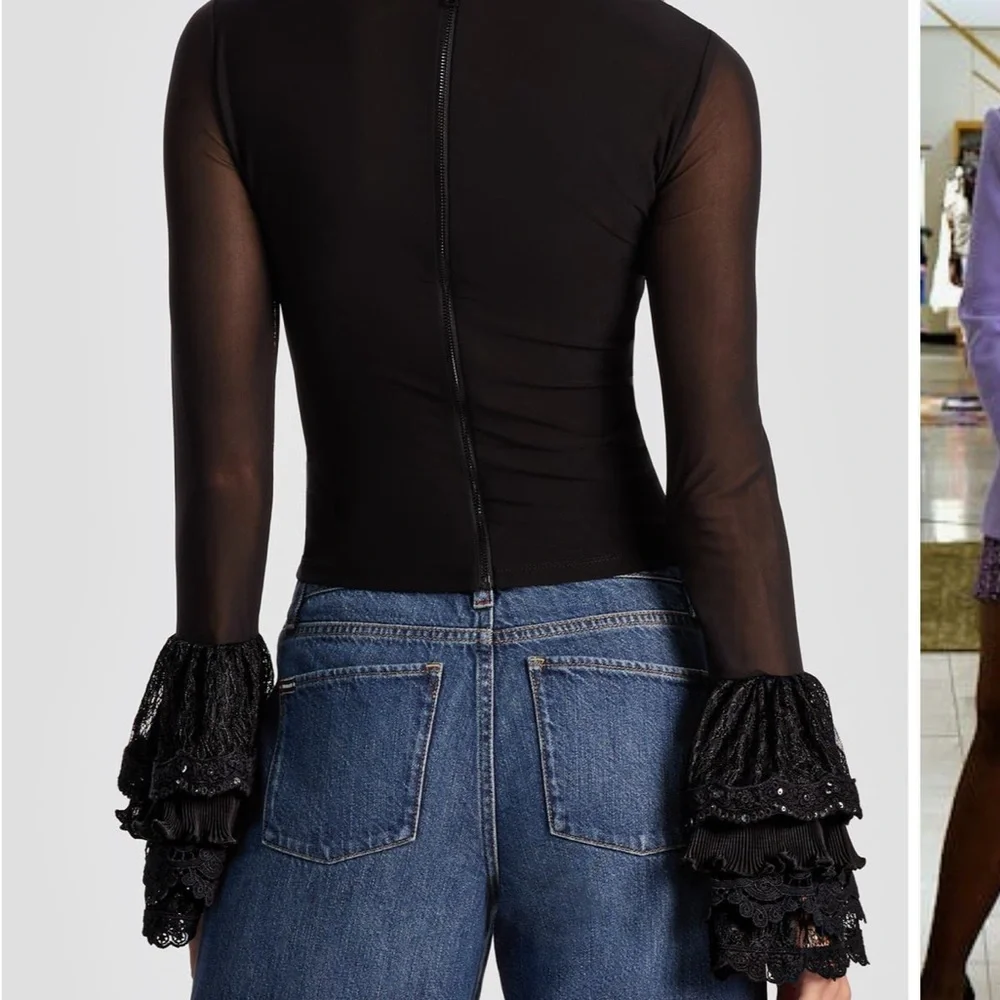 Alice + Olivia Sheer Black Blouse with Lace Bell Sleeves Size Large NEW - Picture 7 of 7